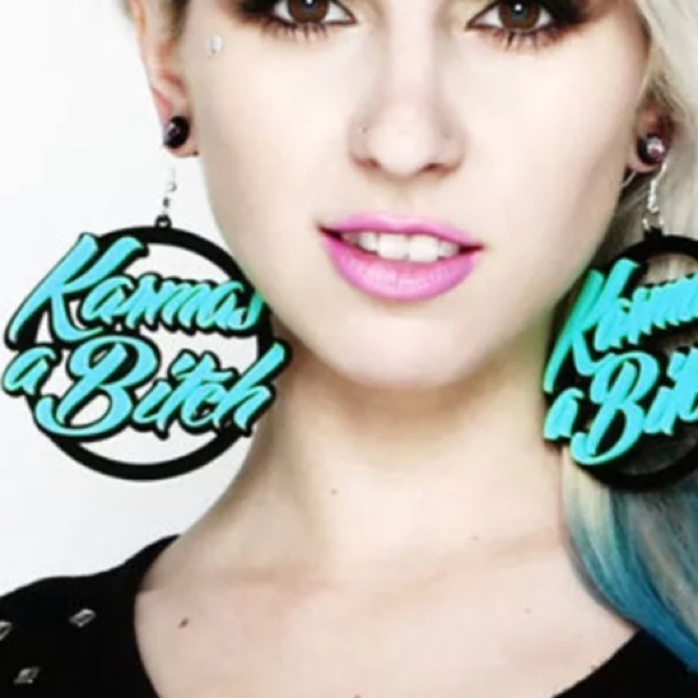 Special order Karmas a B**** Tiffany big blue round hoop earring funny gag gift